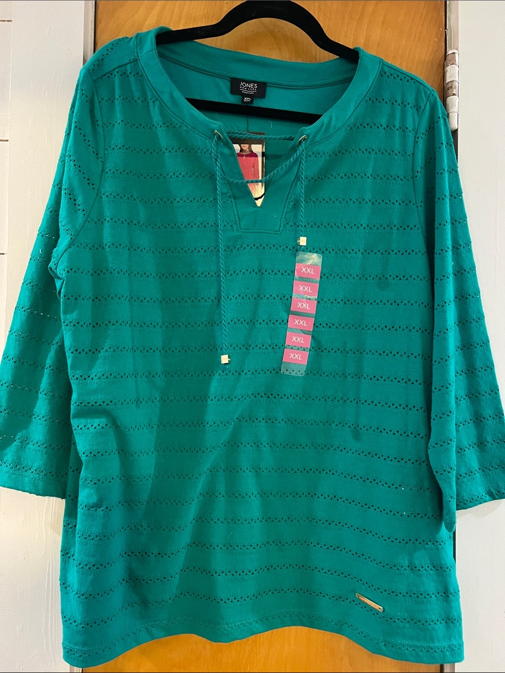 Jones New York Teal Eyelet Knit V-Notch Tunic